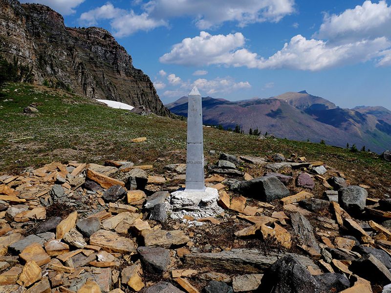 Canada-USA international boundary monument on the south ridge of Forum Peak