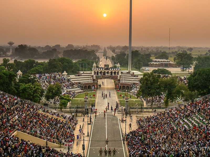 View over the site of the Wagah-Attari border ceremony on the India-Pakistan boundary