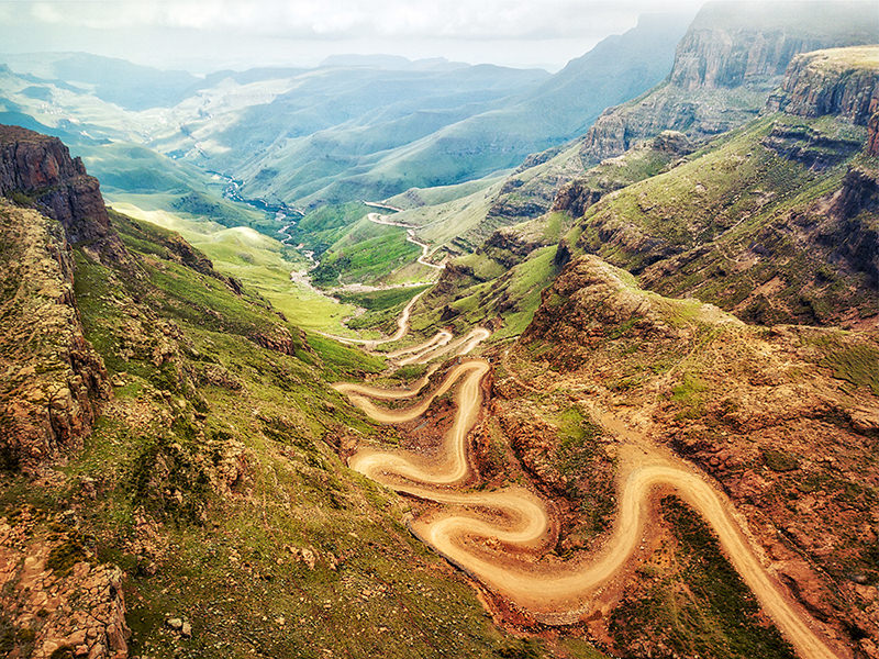 View down the Sani Pass in the Drakensberg mountains between Lesotho and South Africa